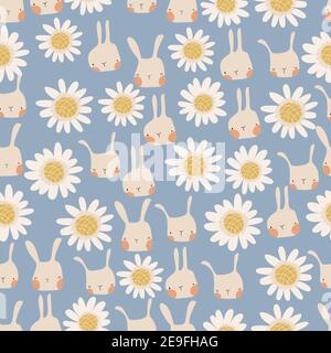 Seamless pattern of cute cartoon bunnies and daisies on blue background Stock Vector