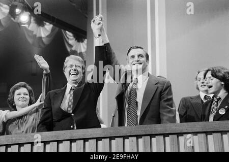 Rosalynn Carter, Jimmy Carter, Walter Mondale at Democratic National Convention, New York City, New York, USA, Warren K. Leffler, July 15, 1976 Stock Photo