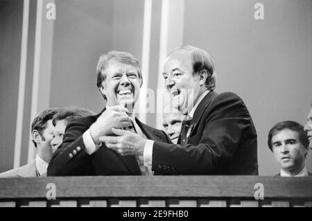 Jimmy Carter and Hubert Humphrey at Democratic National Convention, New York City, New York, USA, Warren K. Leffler, July 15, 1976 Stock Photo