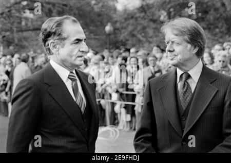 Mohammad Reza Pahlavi, Shah of Iran with U.S. President Jimmy Carter, Washington, D.C., USA, Marion S. Trikosko, November 15, 1977 Stock Photo