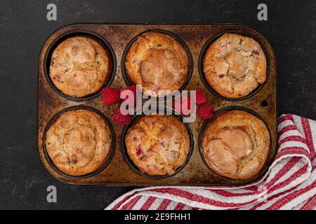 Raspberry Muffins in a tin cooling on the counter Stock Photo