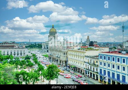 Parque Central, El Capitolio Building, and City Cityscape Havana, Cuba Stock Photo