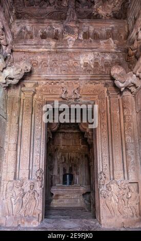 Bagalakote, Karnataka, India - November 7, 2013: Pattadakal temple complex. Inside sanctum of Jambulingeshwara temple. All surfaces covered by sculptu Stock Photo