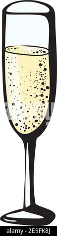 Vector doodle hand drawn sketch black yellow illustration of champagne glass, sparkling wine drink cheers on white background Stock Vector