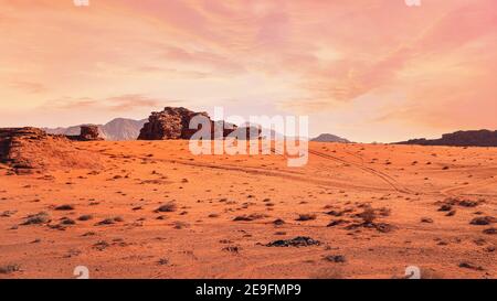 Red Wadi Rum desert in Jordan reminiscent of planet Mars, this location was used as set for many science fiction movies Stock Photo