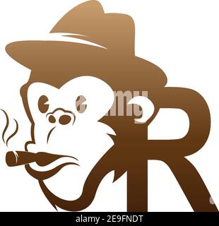 Monkey head icon logo with letter R template design illustration Stock Vector