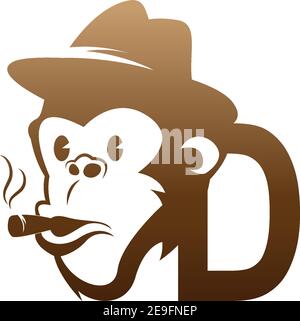 Monkey head icon logo with letter D template design illustration Stock Vector