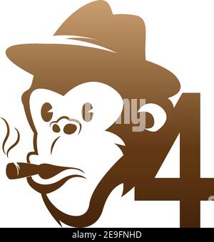 Monkey head icon logo with number 4 template design illustration Stock Vector