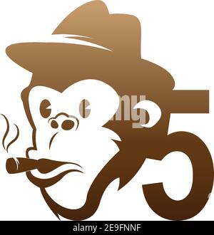 Monkey head icon logo with number 5 template design illustration Stock Vector
