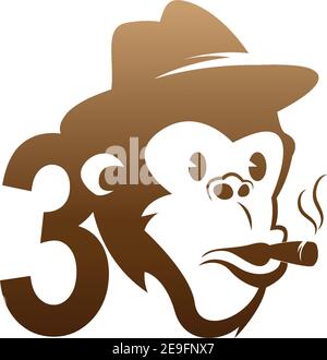 Monkey head icon logo with number 3 template design illustration Stock Vector