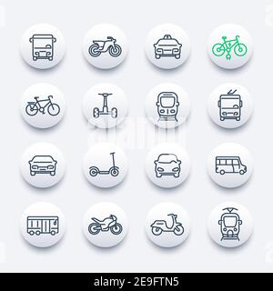 City transport icons set, bus, taxi, train, bikes Stock Vector