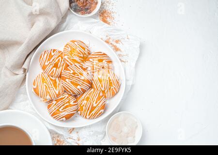 Breakfast with cookies on a light background. Top view, horizontal with space to copy. Stock Photo