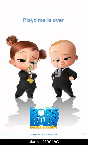 The Boss Baby: Family Business (2021) directed by Tom McGrath and starring James Marsden, Amy Sedaris and Jeff Goldblum. A new boss baby brings the estranged and now grown-up Templeton Bros back together in a new business venture. Stock Photo