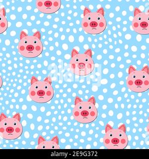 Vector flat animals colorful illustration for kids. Seamless pattern with cute pig face on color polka dots background. Adorable cartoon character Stock Vector