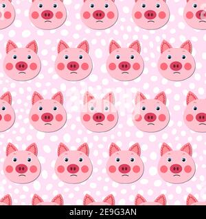Vector flat animals colorful illustration for kids. Seamless pattern with cute pig face on pink polka dots background. Adorable cartoon character Stock Vector