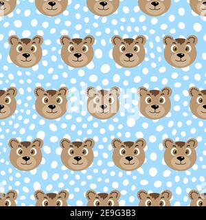 Vector flat animals colorful illustration for kids. Seamless pattern with cute bear face on blue polka dots background. Adorable cartoon character Stock Vector