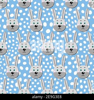 Vector flat animals colorful illustration for kids. Seamless pattern with cute hare face on blue polka dots background. Adorable cartoon character Stock Vector
