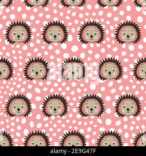 Vector flat animals colorful illustration for kids. Seamless pattern with cute hedgehog face on pink polka dots background. Adorable cartoon character Stock Vector