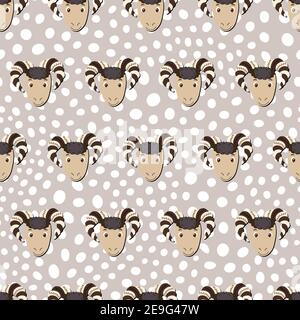 Vector flat animals colorful illustration for kids. Seamless pattern with ram face on beige polka dots background. Cute sheep. Adorable cartoon Stock Vector