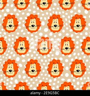 Vector flat animals colorful illustration for kids. Seamless pattern with cute lion face on beige polka dots background. Adorable cartoon character Stock Vector