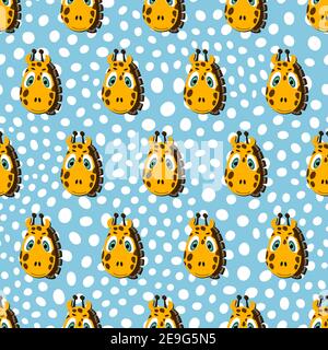 Vector flat animals colorful illustration for kids. Seamless pattern with cute giraffe face on blue polka dots background. Adorable cartoon character Stock Vector