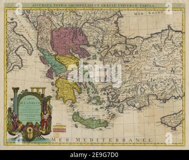 CARTE DE LA GRECE  Author  L'Isle, Guillaume de 113.88. Place of publication: A AMSTERDAM Publisher: Chez JEAN COVENS et CORNEILLE MORTIER Geographes, Date of publication: [after 1721.]  Item type: 1 map Medium: copperplate engraving, hand colour Dimensions: 43 x 57 cm  Former owner: George III, King of Great Britain, 1738-1820 Stock Photo