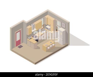 Vector isometric element representing kitchen/dining room/. Room includes kitchen cabinets, refrigerator, stove, oven, dining table, stools and others Stock Vector
