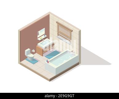 Vector isometric element representing restroom/bathroom/toilet. Room includes bath, toilet, cabinet with sink, mirror and others. Isometric restroom. Stock Vector