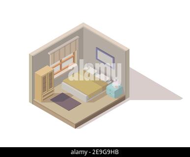 Vector isometric low poly bedroom cutaway icon made in muted colors. Room includes such elements as bed, cabinet, nightstand, window and carpet. Stock Vector