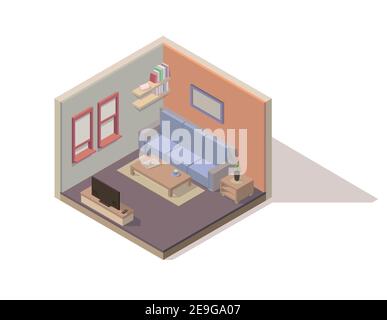 Vector isometric low poly living room cutaway icon. Vector isometric room elements: sofa, coffee table, TV, bookshelf, etc. Stock Vector