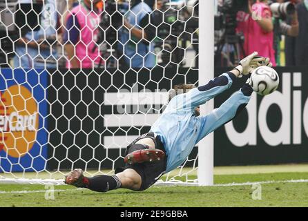Germany's goalkeeper Jens Lehmann stops a pelnaty during the FIFA World Cup 2006, quarter final, Germany vs Argentina, in Berlin, Germany, on June 30, 2006. The game ended in draw 1-1 and Germany won (4-2) in a penalty-kick shootout. Photo by Christian Liewig/ABACAPRESS.COM Stock Photo