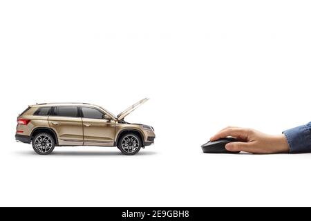 Hand with a computer mouse making an online appointment for car service isolated on white background Stock Photo