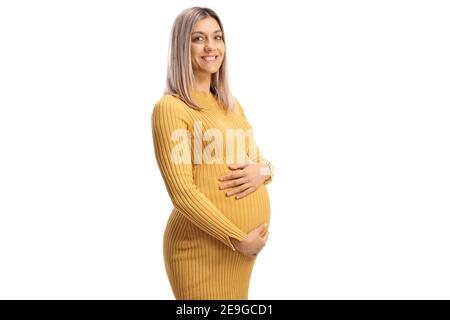 Pregnant woman holding her belly isolated on white background Stock Photo