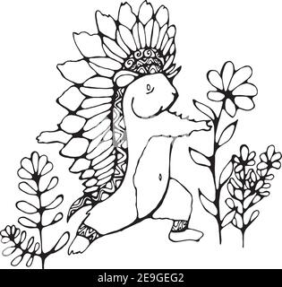 Yoga Hamster with Native American Feather Hat among Flowers. Stock Vector