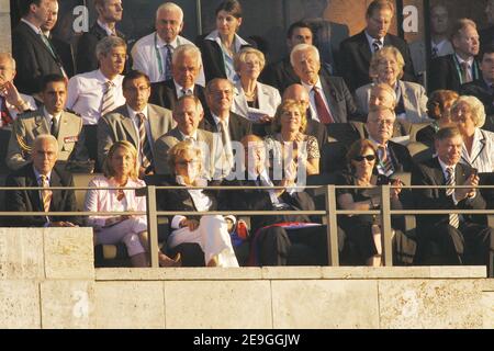 President of the FIFA World Cup 2006 Organising Committee Franz Beckenbauer with his wife, Bernadette Chirac, French President Jacques Chirac are seen in the stands during the World Cup 2006, Final, Italy vs France, held at the Olypiastadion in Berlin, Germany, on July 9, 2006. Photo by Gouhier-Hahn-Orban/ABACAPRESS.COM Stock Photo