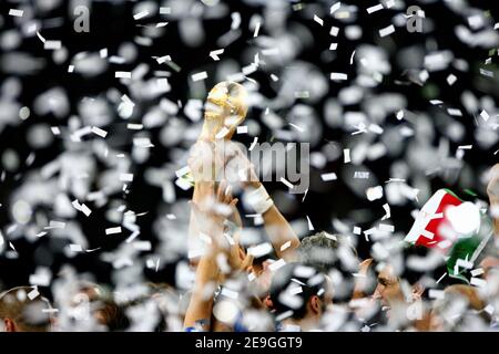 Italy captain Fabio Cannavaro lifts the trophy during the World Cup 2006, Final, Italy vs France at the Olympiastadion stadium in Berlin, Germany on July 9, 2006. The game ended in a draw 1-1. Italy won on the penalty session 5-4. Photo by Gouhier-Hahn-Orban/Cameleon/ABACAPRESS.COM Stock Photo