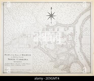 PLAN of the Town of HALIFAX in Halifax County. NORTH CAROLINA  Author  Sauthier, Claude Joseph 122.58. Place of publication: [North Carolina?] Publisher: Survey'd , Drawn in June 1769. By C,J, Sauthier, Date of publication: [1769.]  Item type: 1 map Medium: manuscript pen and ink, colour Dimensions: 43 x 53 cm  Former owner: George III, King of Great Britain, 1738-1820 Stock Photo