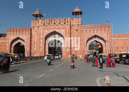 India Jaipur Women in Traditional Saris Walk Towards Ajmeri Gate Stock Photo