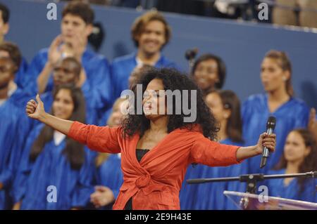 Singer Diana Ross performs live prior the start of the 2006 US Open. In the 1st round, USA's Andre Agassi defeats Romania's Andrei Pavel at Flushing Meadow Stadium in New York City, NY, USA on August 28, 2006. Photo by Lionel Hahn/ABACAPRESS.COM Stock Photo