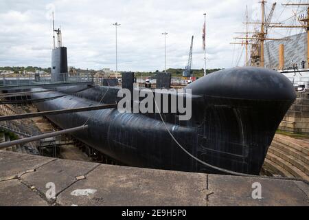 HM Submarine Ocelot, an Oberon Class Royal Navy submarine. The diesel - electric boat is now on display in dry dock at Historic Dockyard / Dockyards Chatham in Kent. UK. (121) Stock Photo