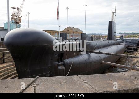 HM Submarine Ocelot, an Oberon Class Royal Navy submarine. The diesel - electric boat is now on display in dry dock at Historic Dockyard / Dockyards Chatham in Kent. UK. (121) Stock Photo