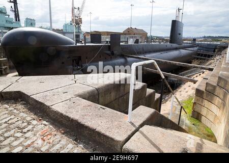 HM Submarine Ocelot, an Oberon Class Royal Navy submarine. The diesel - electric boat is now on display in dry dock at Historic Dockyard / Dockyards Chatham in Kent. UK. (121) Stock Photo