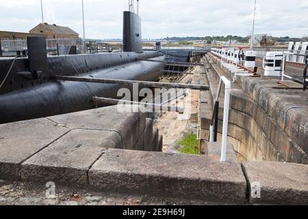 HM Submarine Ocelot, an Oberon Class Royal Navy submarine. The diesel - electric boat is now on display in dry dock at Historic Dockyard / Dockyards Chatham in Kent. UK. (121) Stock Photo