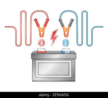 Car auto battery charging icon. Accumulator electrical power. Jumper cable with clamps. Using charger to energy portable chemical power supply. Vector Stock Vector