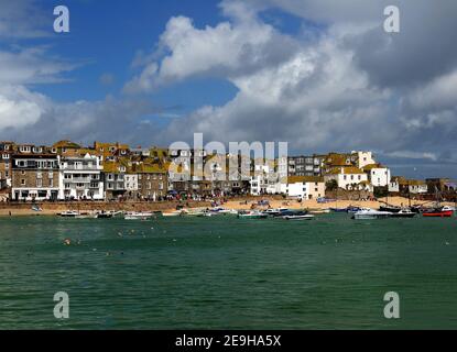 View From Smeatons Pier To The Wharf Of St Ives Cornwall England On A Sunny Summer Day With A Few Clouds In The Sky Stock Photo