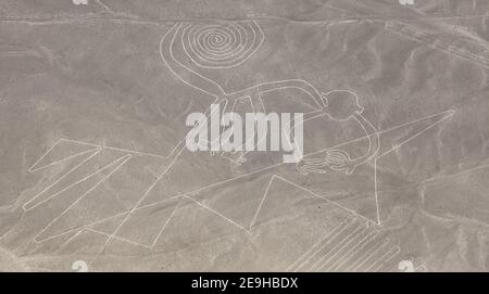 Monkey geoglyph, Nazca or Nasca mysterious lines and geoglyphs aerial view, landmark in Peru Stock Photo