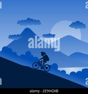 male biker with helmet riding up to hill with landscape background in blue shade and gradient illustration vector. Stock Vector