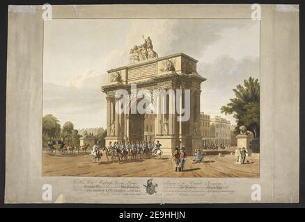 To His Royal Highness, George, Prince Regent of the United Kingdom This View of a Triumphal Arch proposed to be erected at Hyde Park Corner Commemorative of the Victories achieved by the British Arms during the rei Author  Kinnard, W. 27.27.1.PORT.11 tab. Place of publication: London Publisher: Published April 1813 by W. KINNARD, Grays Inn. Sold by Colnaghi , Co Cockspur Street., Date of publication: [April 1813]  Item type: 1 print Medium: etching and aquatint with hand-colouring Dimensions: plate 62 x 75.7 cm (cut to within plate mark on upper and lower Stock Photo