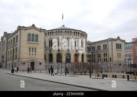 Oslo, Norway- December 2008: The Storting building is the seat of the Storting, the parliament of Norway. The building was designed by the Langlet Stock Photo