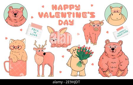 Hippo, bear, highland cow, deer, bunny, cat are in heart glasses. Tulips, lettering, balloons are around on white background. Set of isolated animals Stock Vector